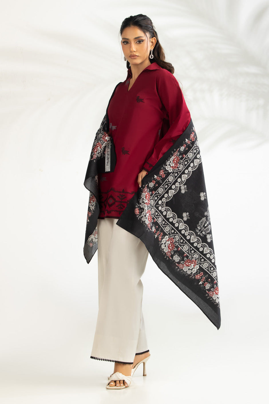 3PC Cambric Embroidered Suit With Printed Scarf