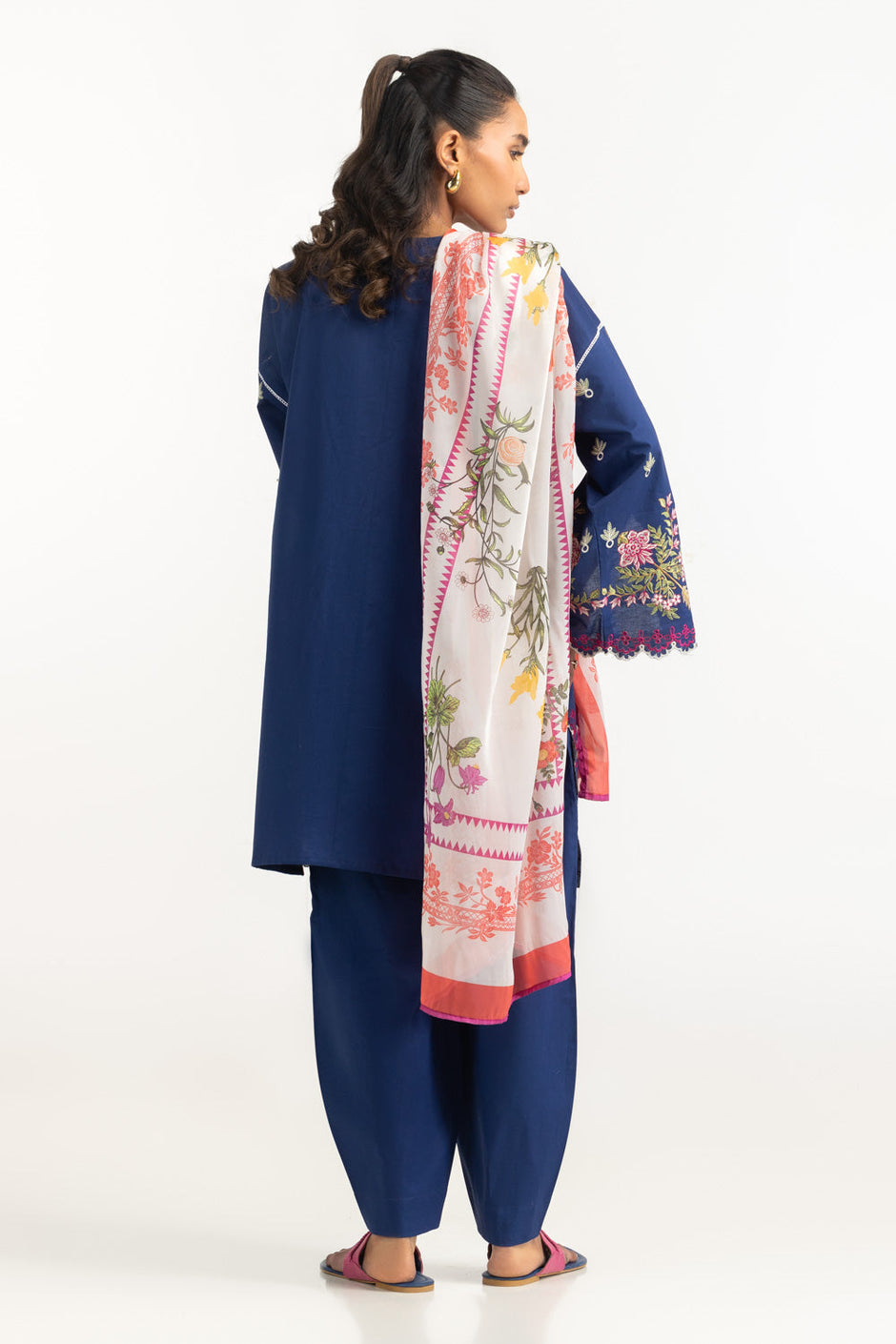 3PC Cambric Embroidered Suit With Printed Scarf