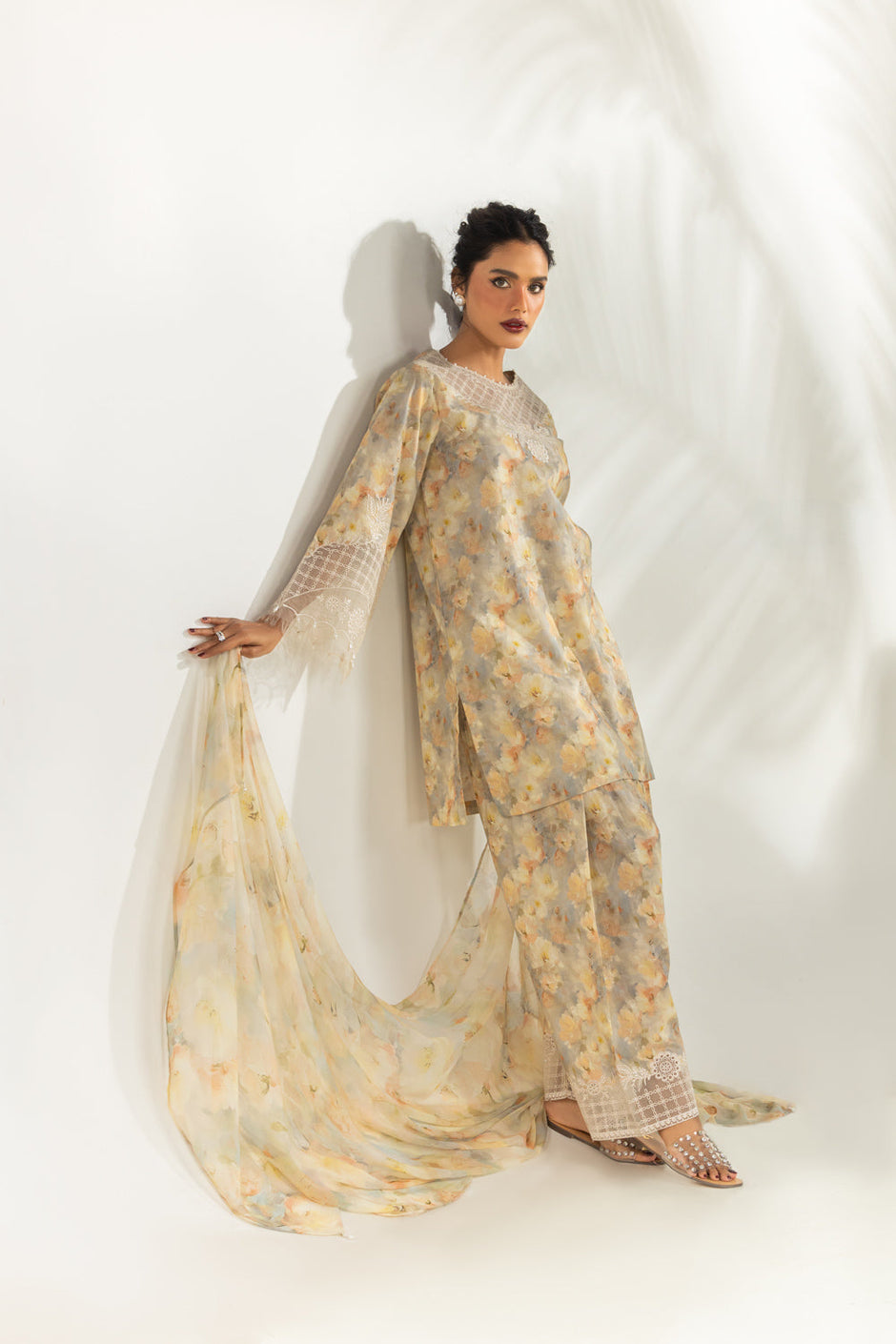 3PC Cambric Printed Suit With Embroidered