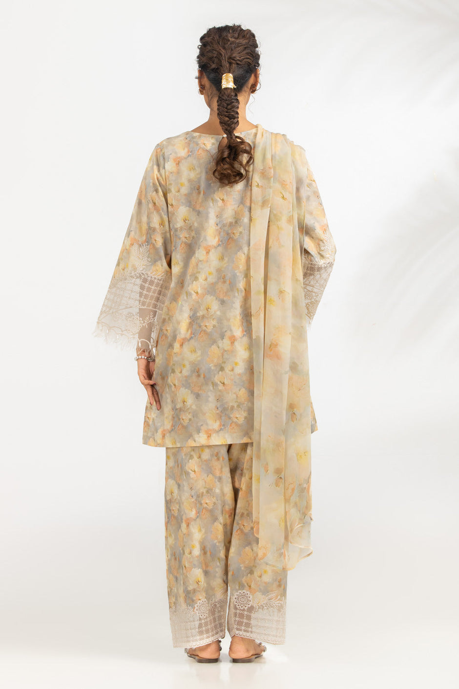 3PC Cambric Printed Suit With Embroidered