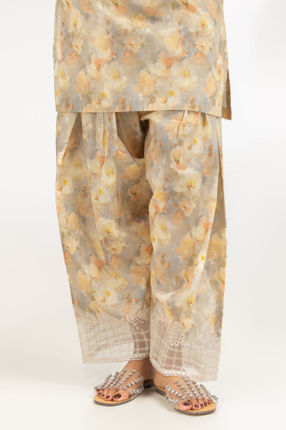3PC Cambric Printed Suit With Embroidered