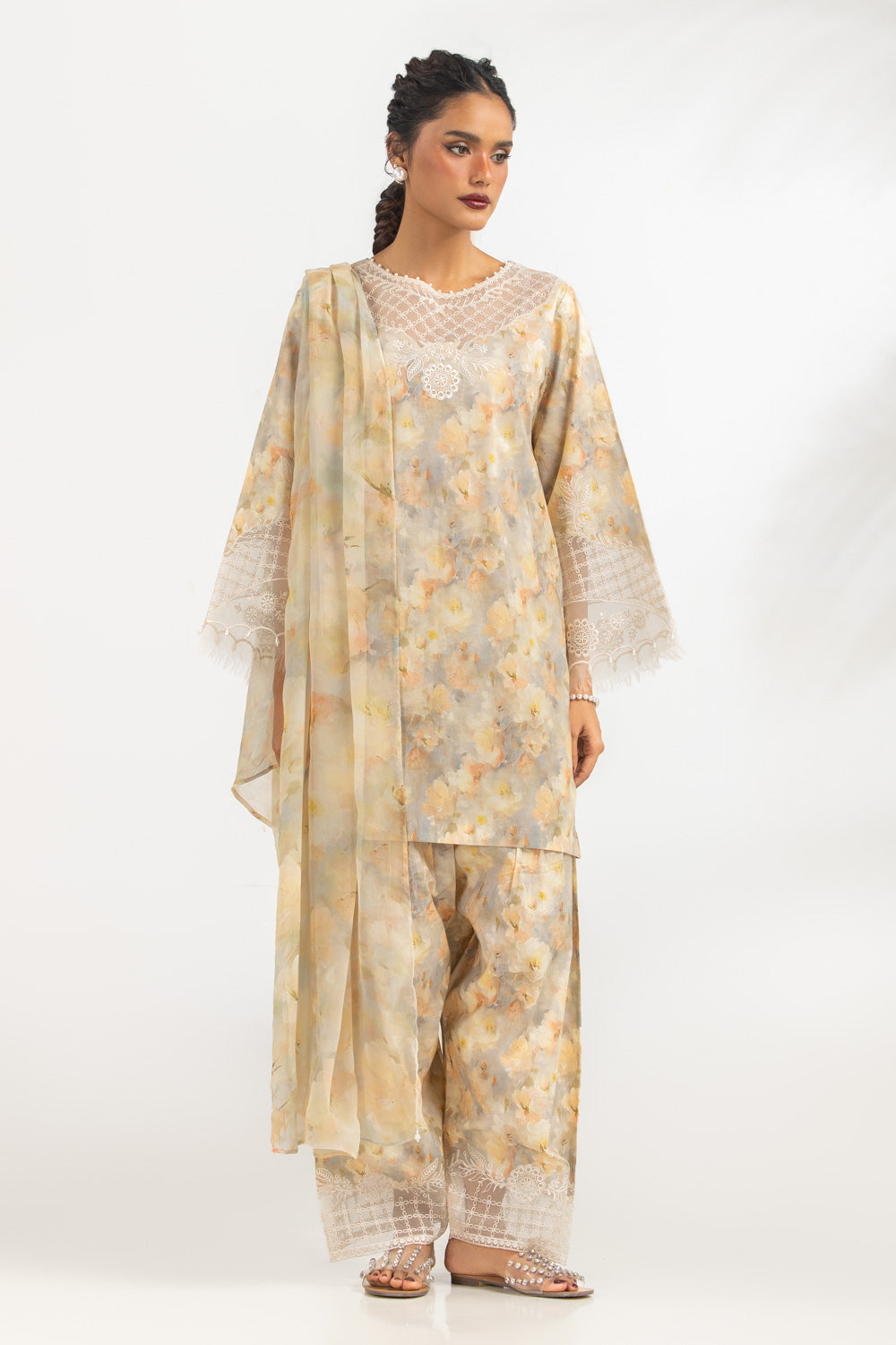 3PC Cambric Printed Suit With Embroidered