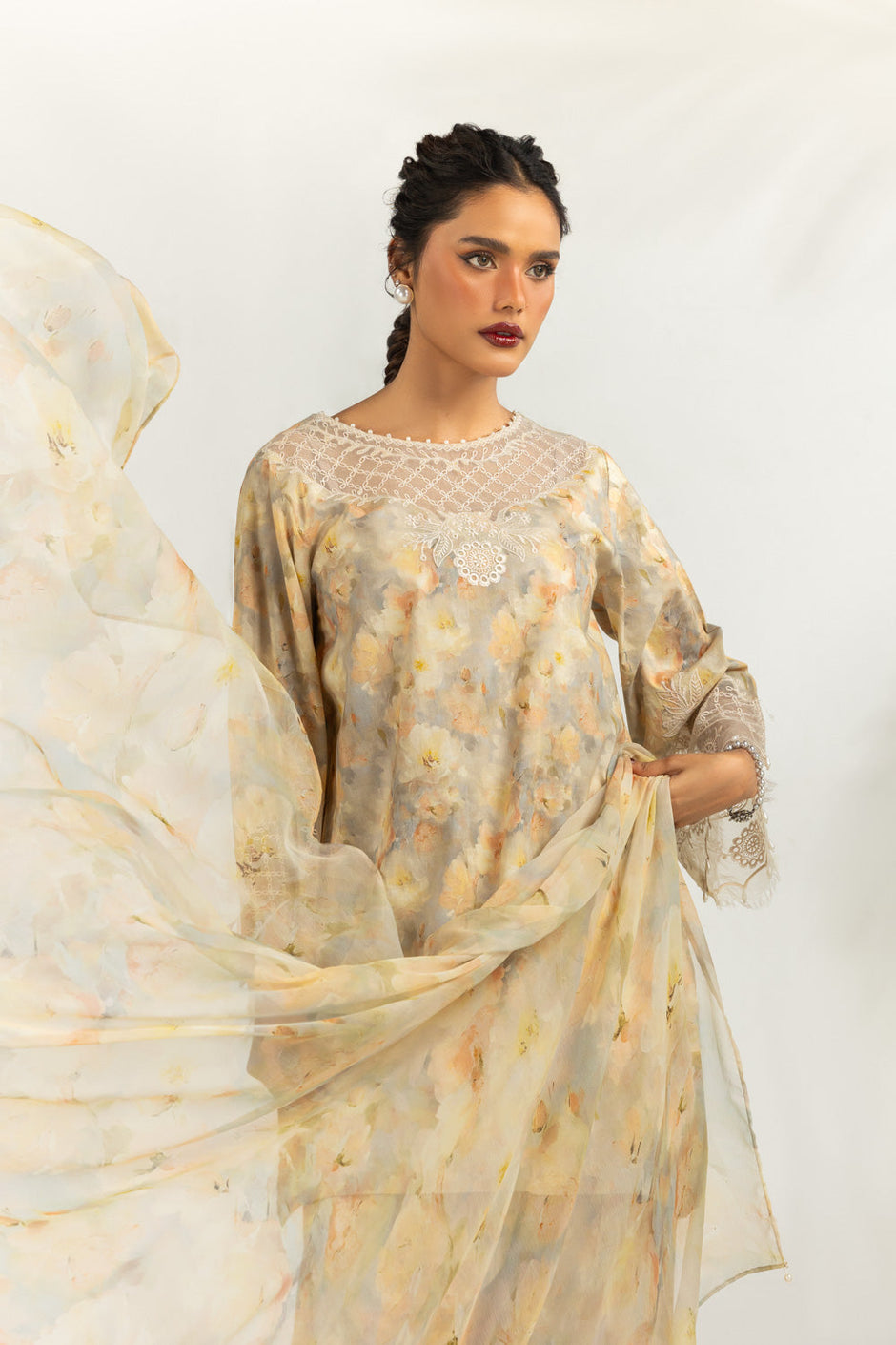 3PC Cambric Printed Suit With Embroidered