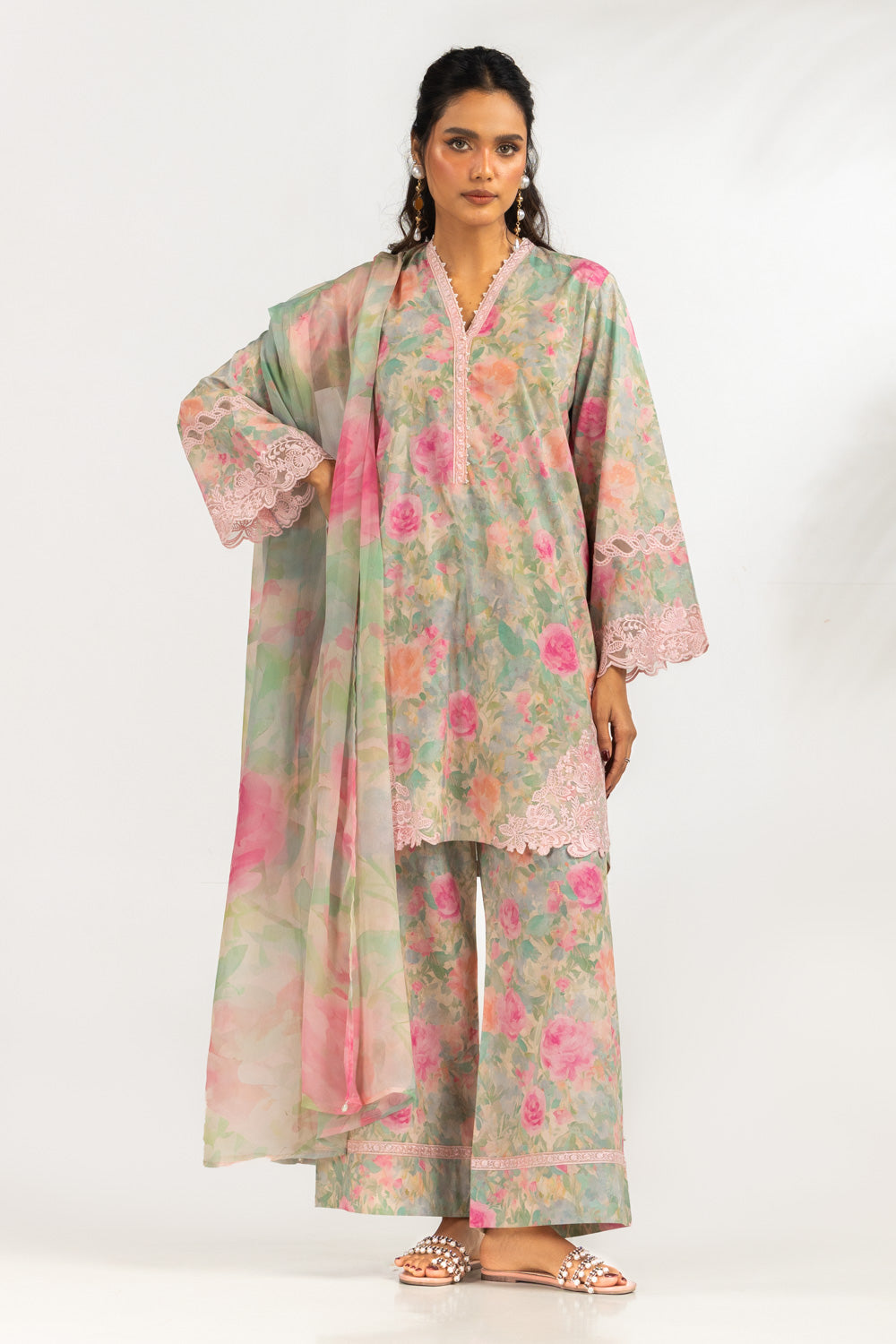 3PC Cambric Printed Suit With Embroidered