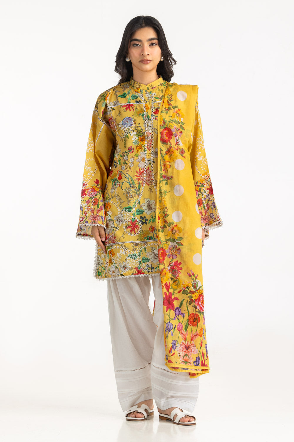 3PC Cambric Printed Suit With Embroidered