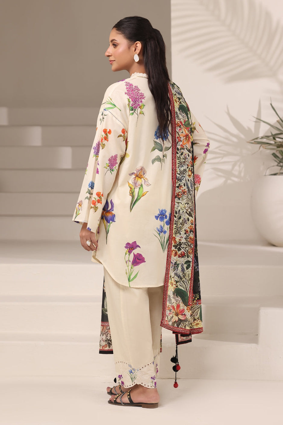 3PC Cambric Printed Suit With Embroidered