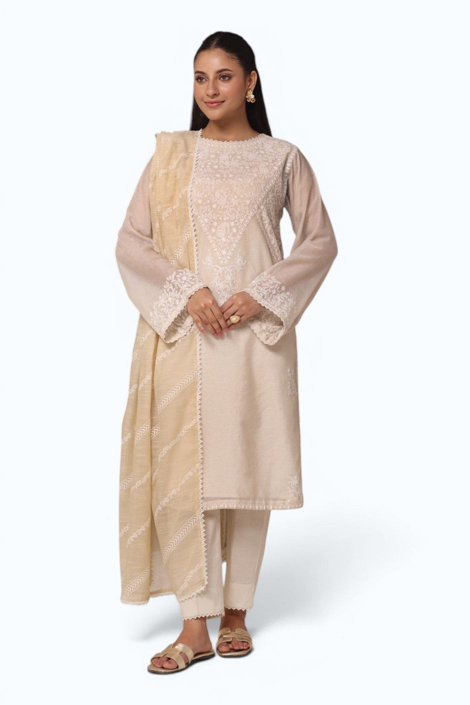 3PC Cotton Net Embroidered Suit