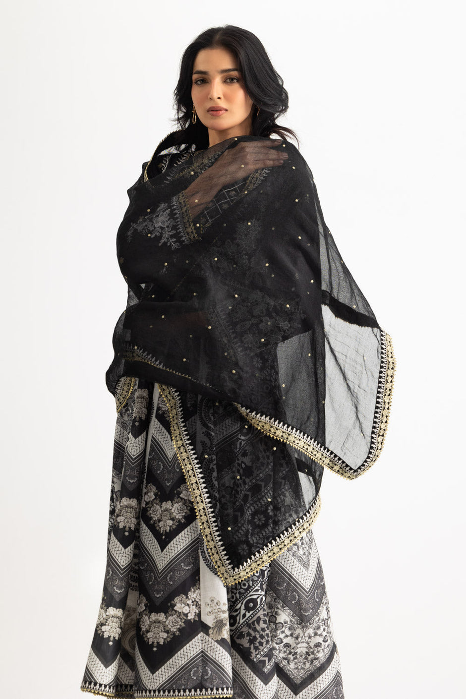 3PC Cross Hatch Printed Suit With Embroidered