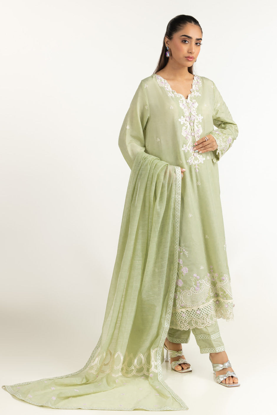 3PC Dyed Swiss Lawn Slub Embroidered Suit