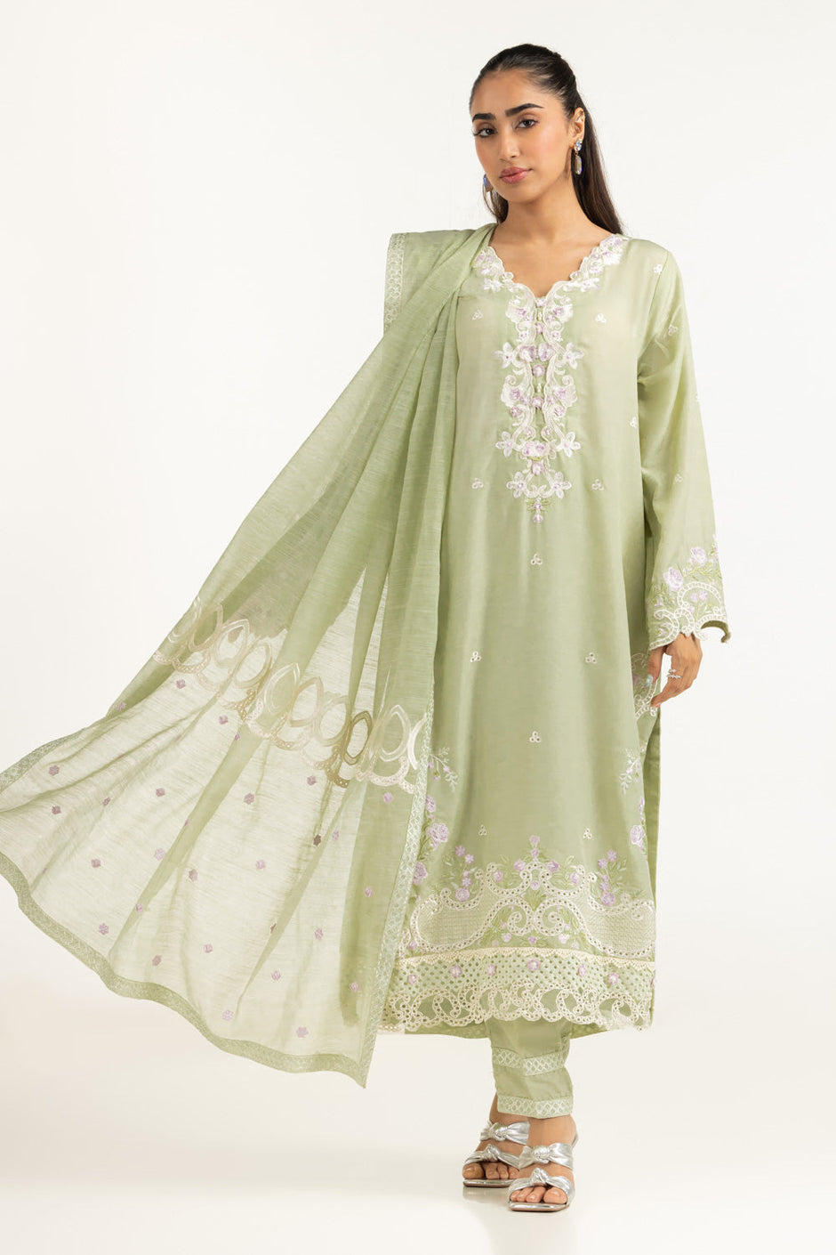 3PC Dyed Swiss Lawn Slub Embroidered Suit