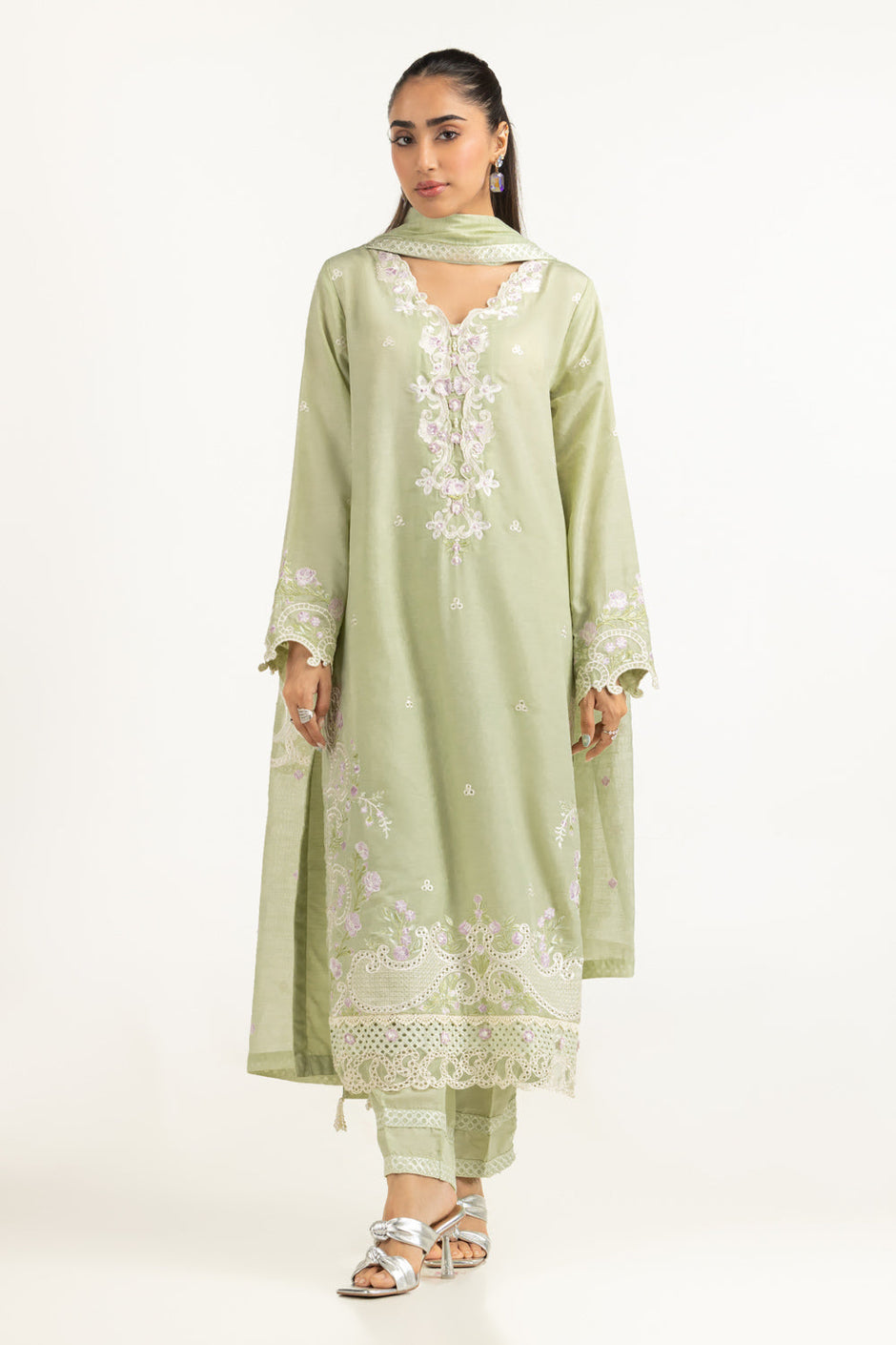 3PC Dyed Swiss Lawn Slub Embroidered Suit