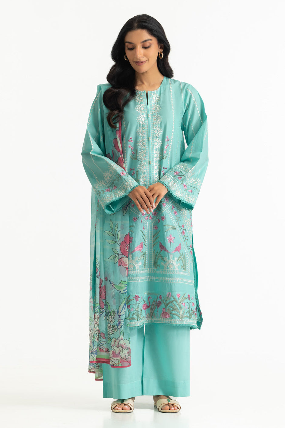 3PC Lawn Embroidered Suit With Chiffon Printed Dupatta