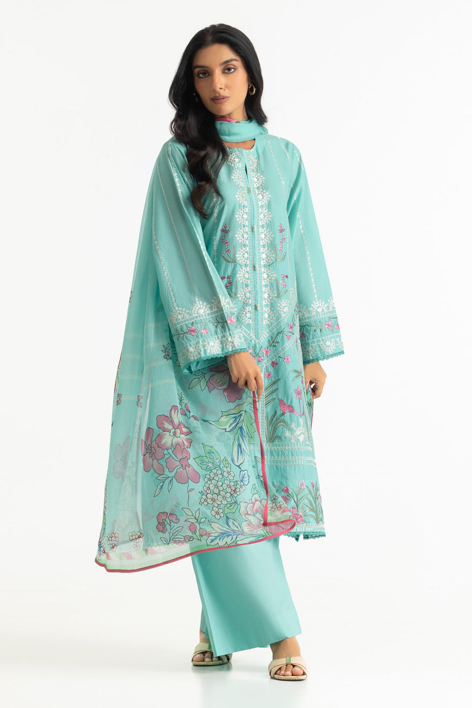 3PC Lawn Embroidered Suit With Chiffon Printed Dupatta
