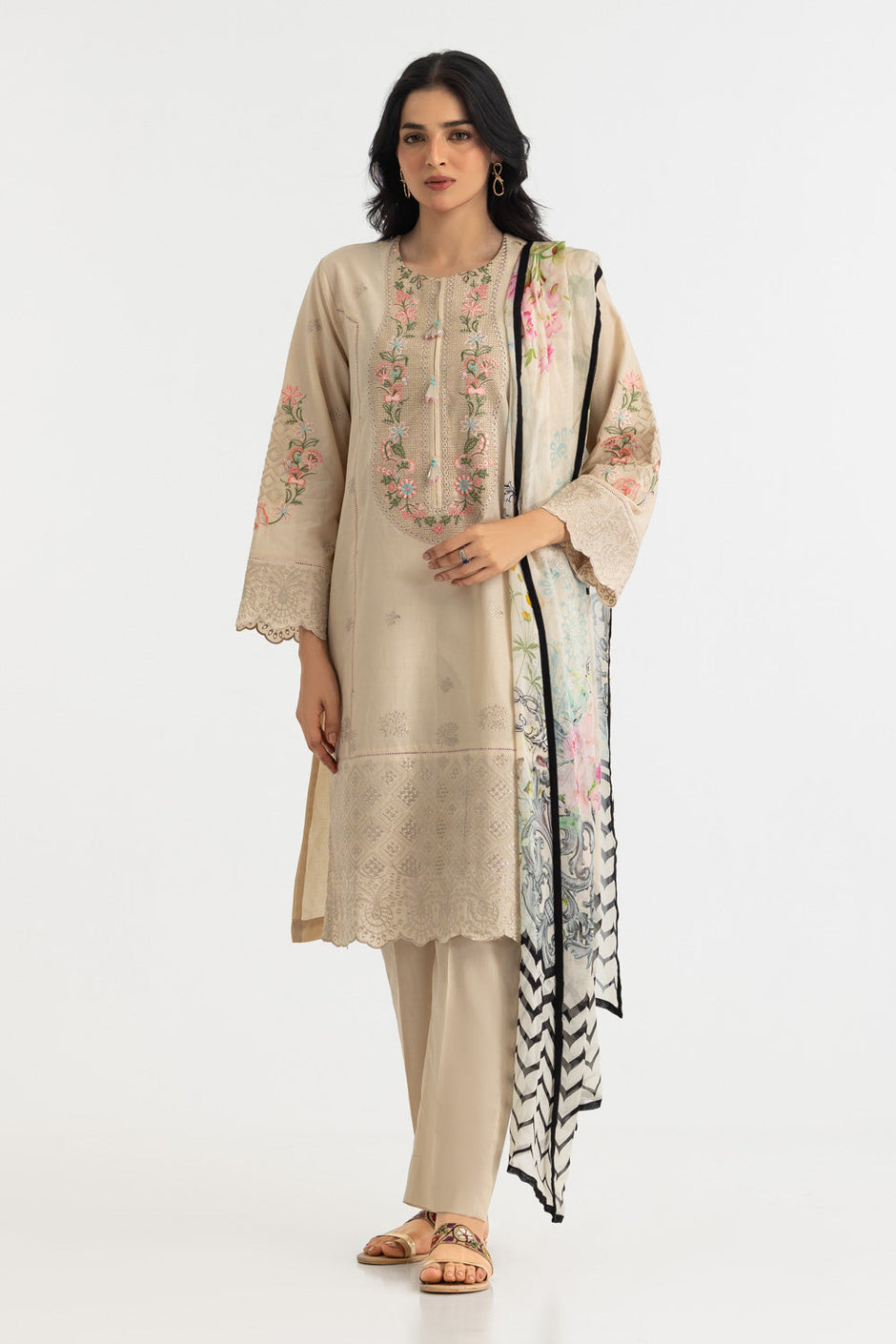 3PC Lawn Embroidered Suit With Printed Chiffon Dupatta