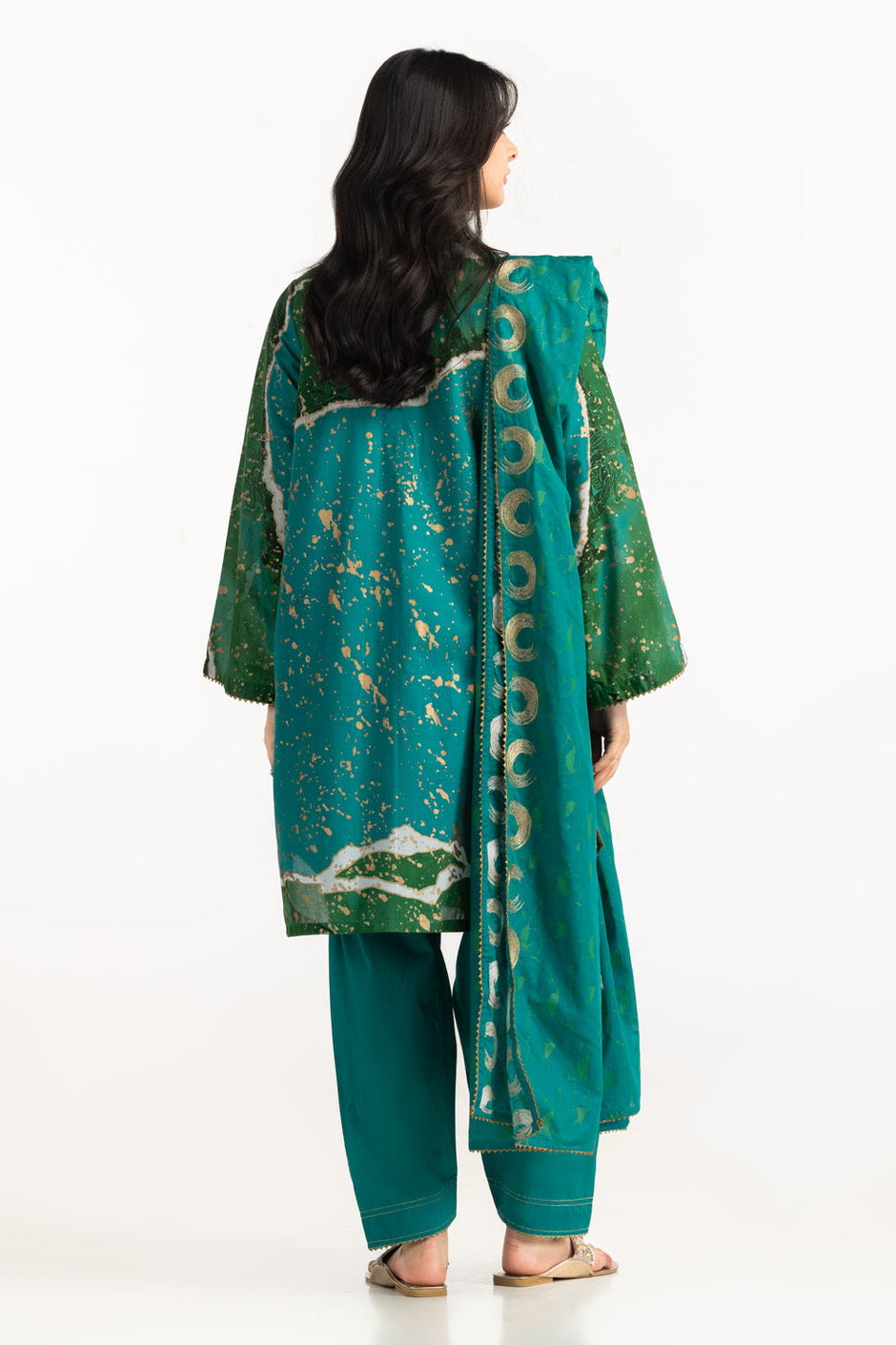 3PC Lawn Gold Printed Suit With Embroidered Dupatta