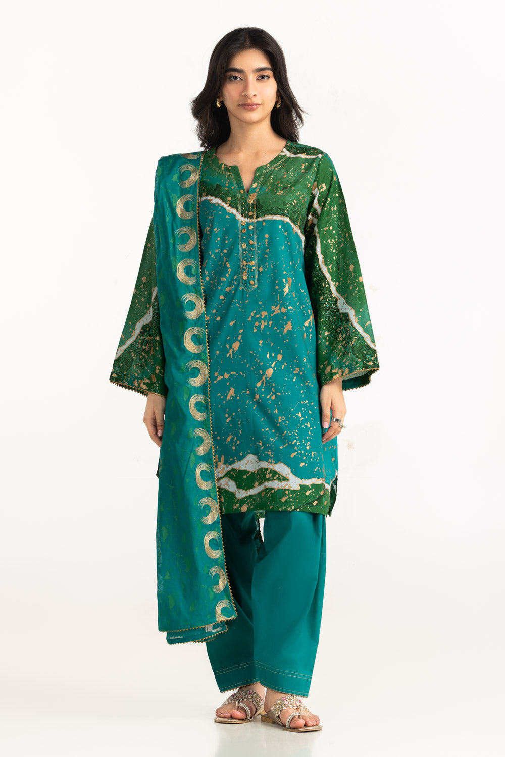 3PC Lawn Gold Printed Suit With Embroidered Dupatta