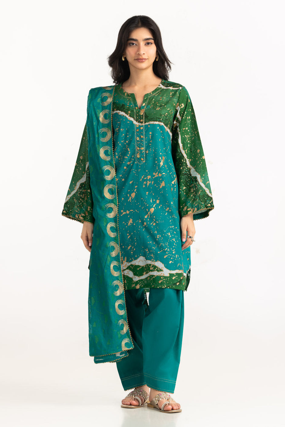3PC Lawn Gold Printed Suit With Embroidered Dupatta
