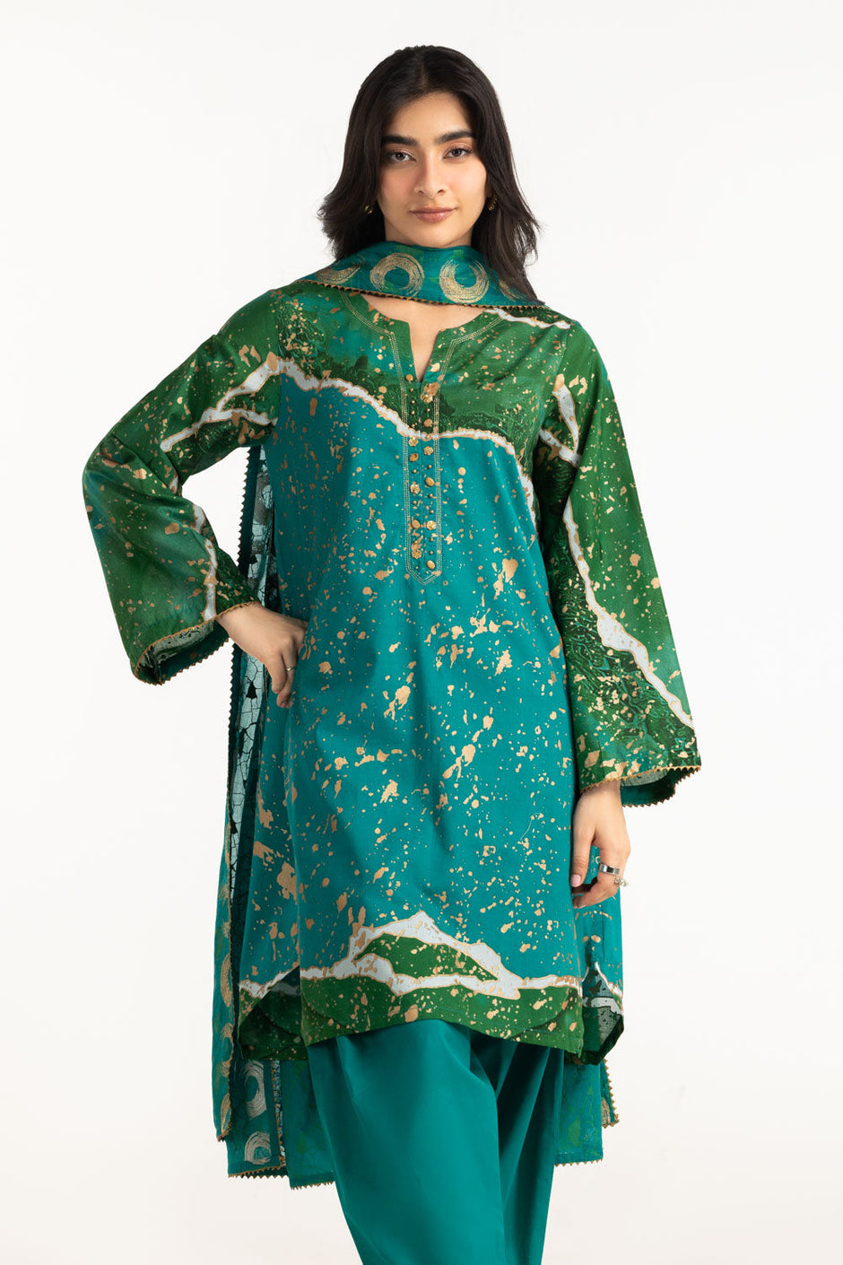 3PC Lawn Gold Printed Suit With Embroidered Dupatta