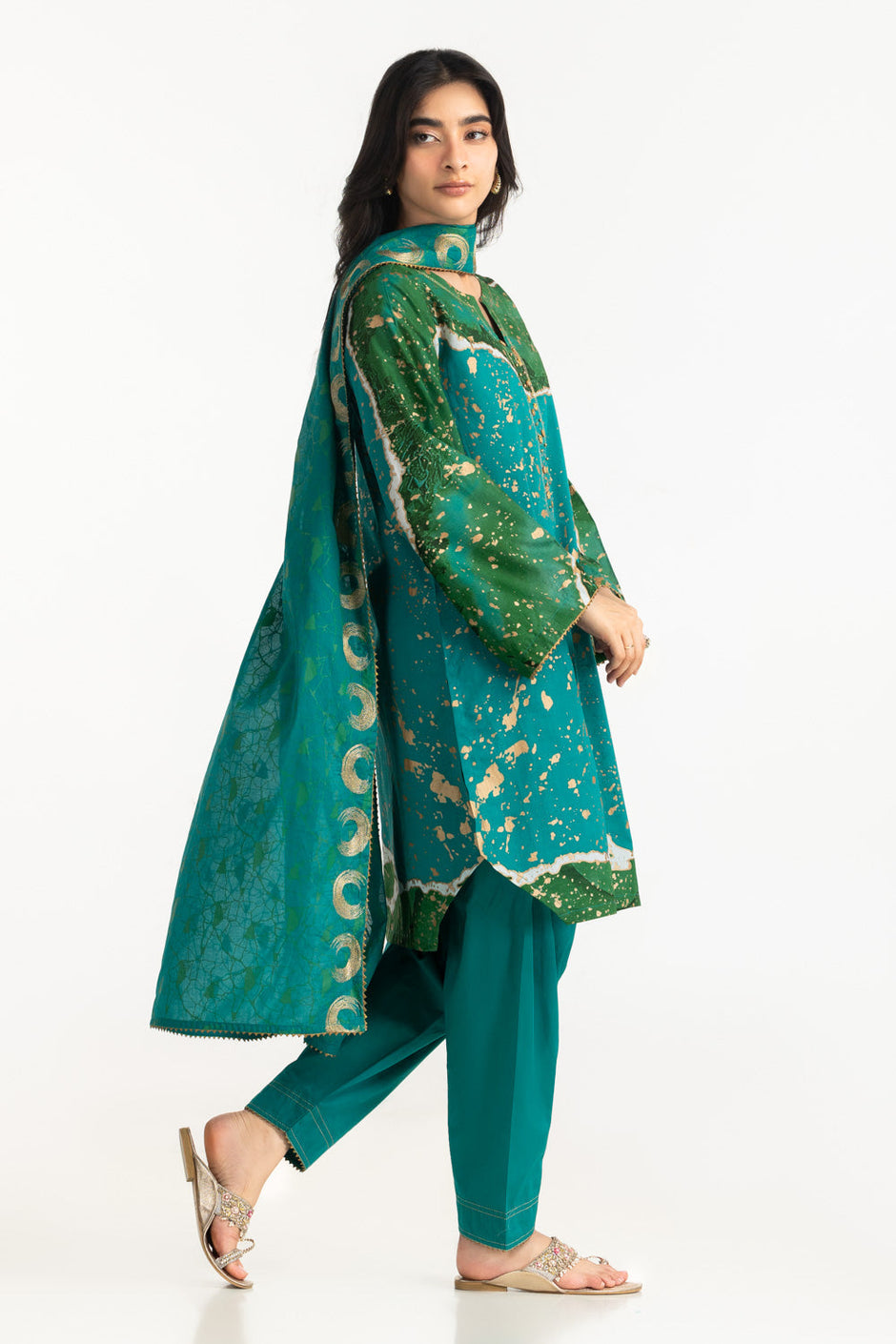 3PC Lawn Gold Printed Suit With Embroidered Dupatta