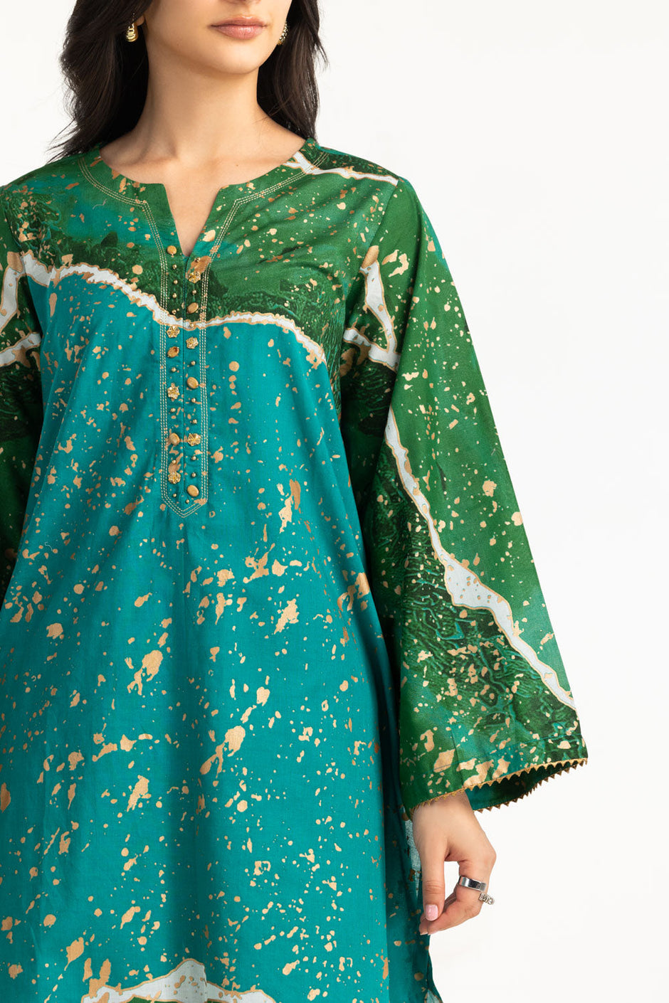 3PC Lawn Gold Printed Suit With Embroidered Dupatta
