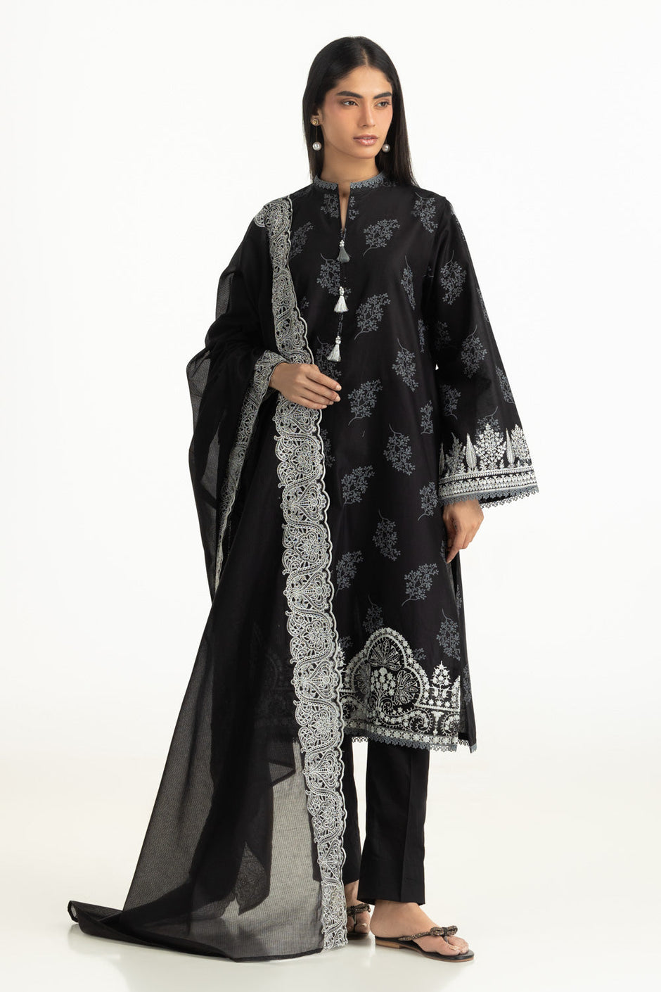 3PC Lawn Lacquer Printed Suit With Embroidered
