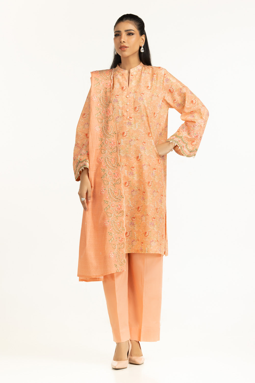 3PC Lawn Printed Suit With Schiffli Embroiderd