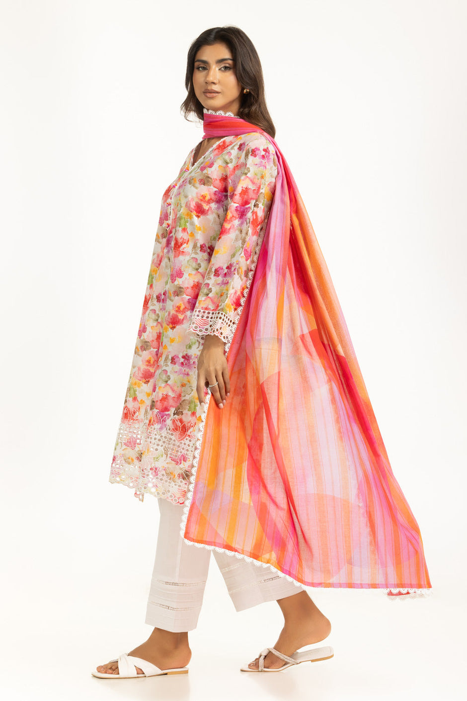 3PC Lawn Printed Suit With Schiffli Embroiderd