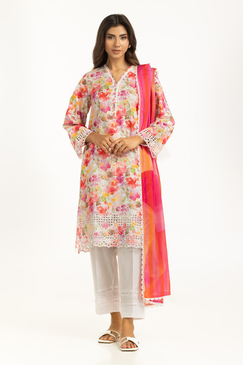 3PC Lawn Printed Suit With Schiffli Embroiderd