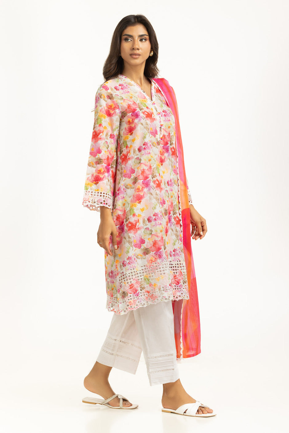 3PC Lawn Printed Suit With Schiffli Embroiderd