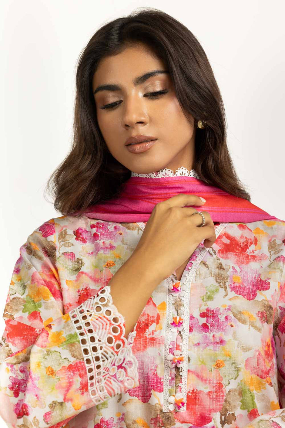 3PC Lawn Printed Suit With Schiffli Embroiderd