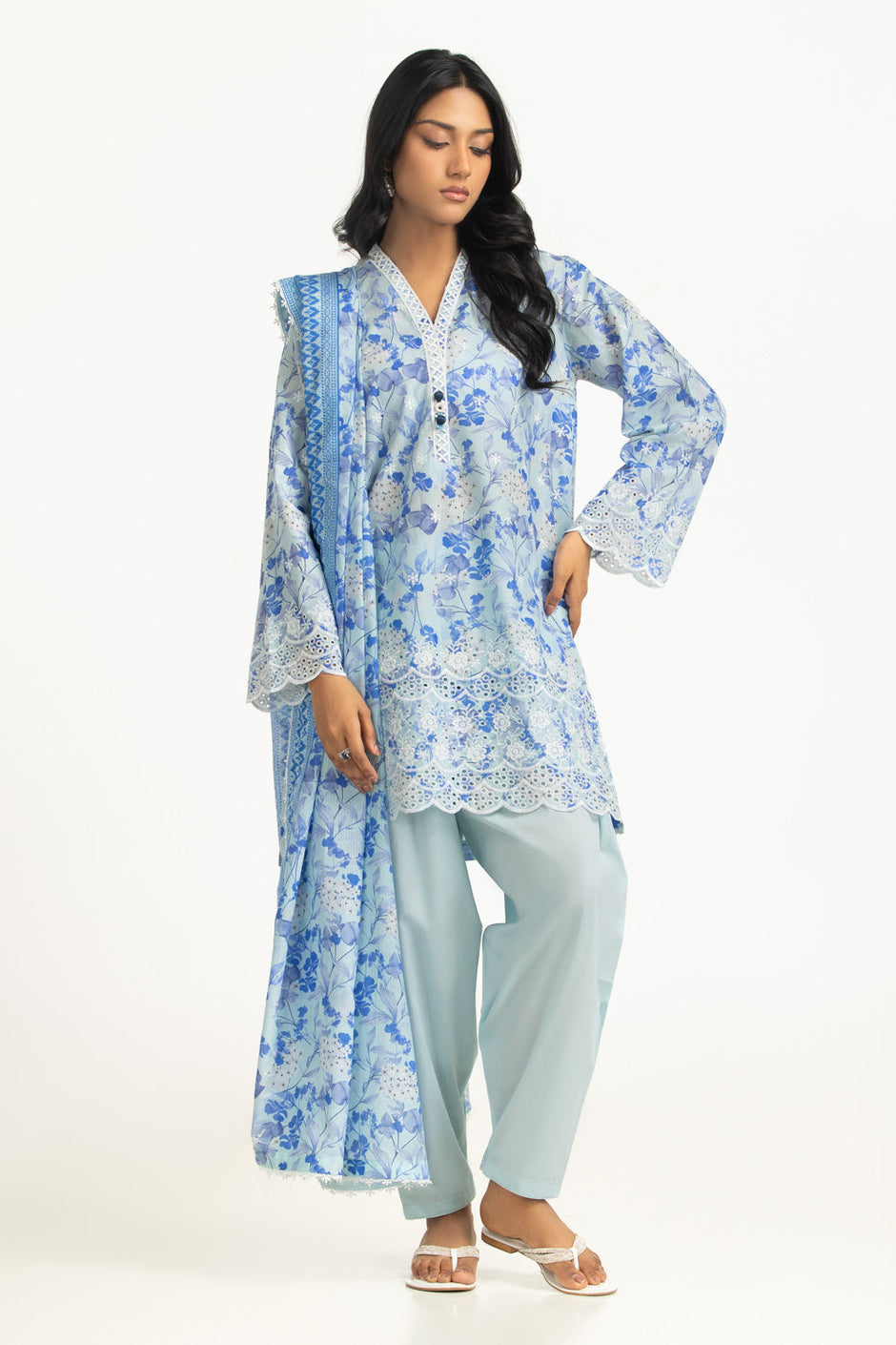 3PC Lawn Printed Suit With Schiffli Embroiderd