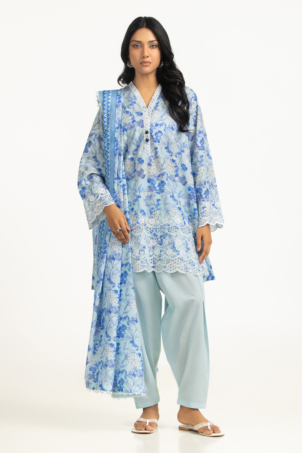 3PC Lawn Printed Suit With Schiffli Embroiderd