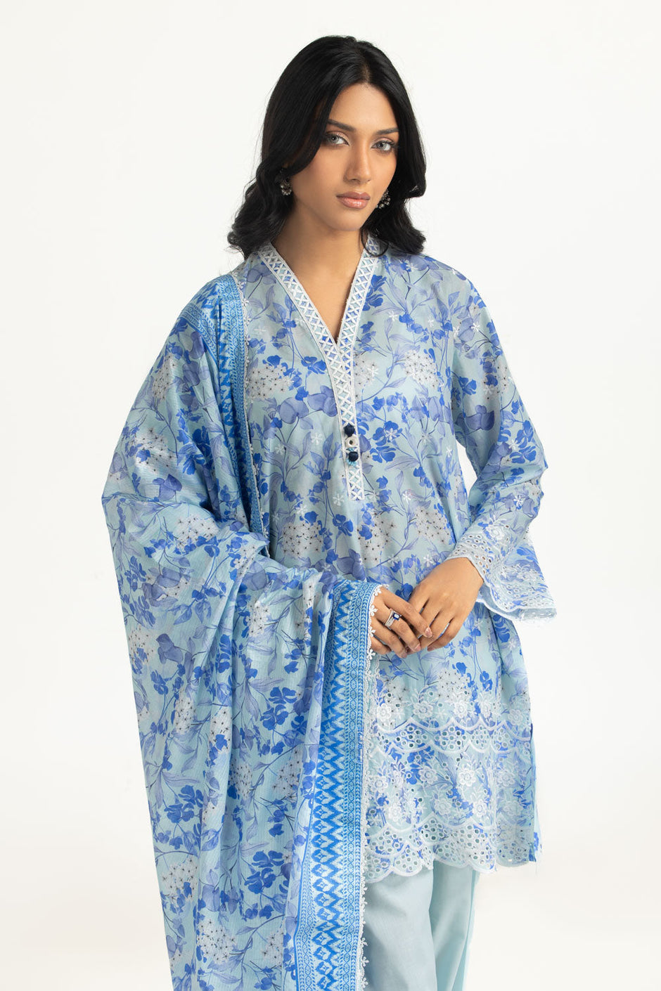 3PC Lawn Printed Suit With Schiffli Embroiderd