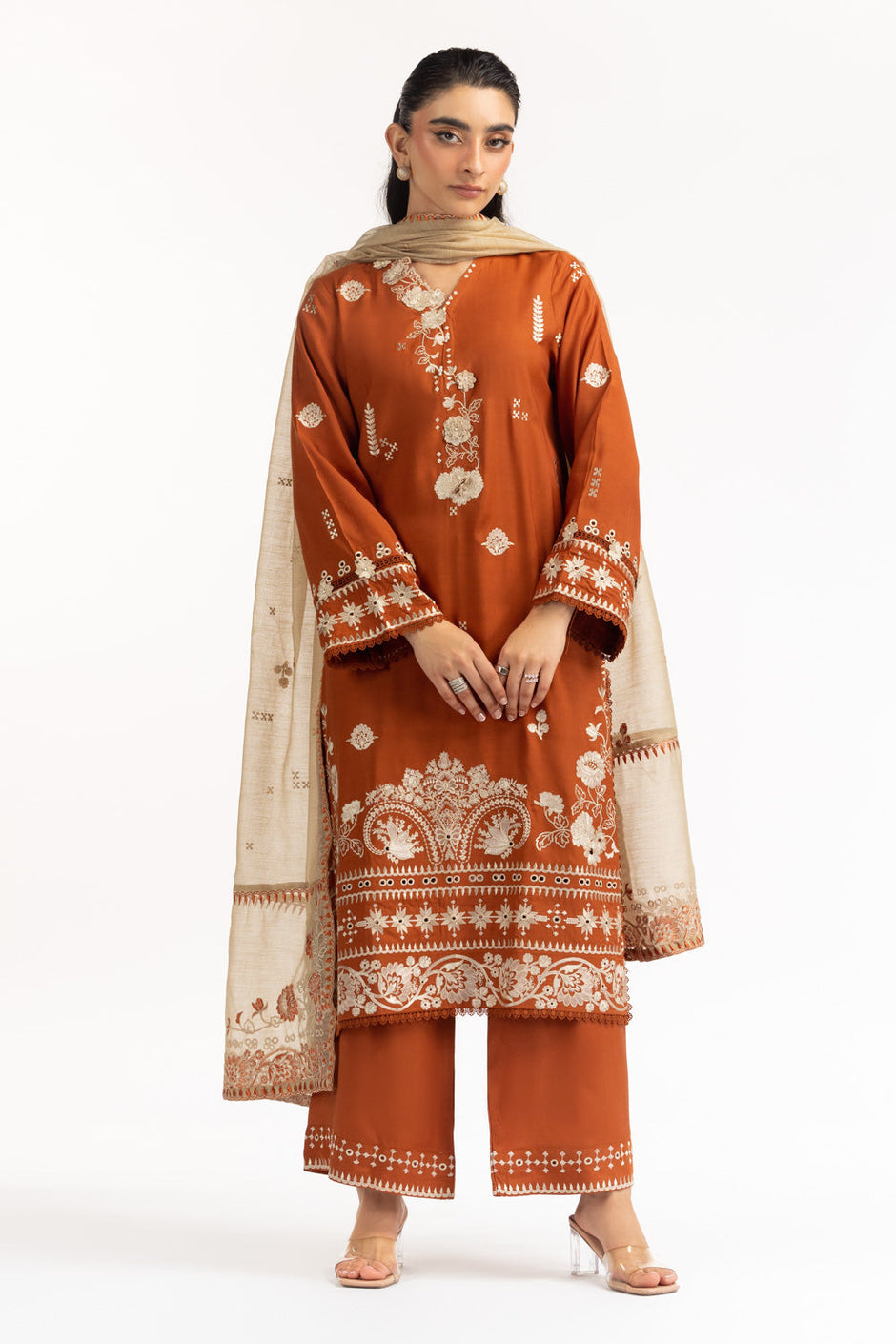 3PC Viscose Rawsilk Embroidered Suit