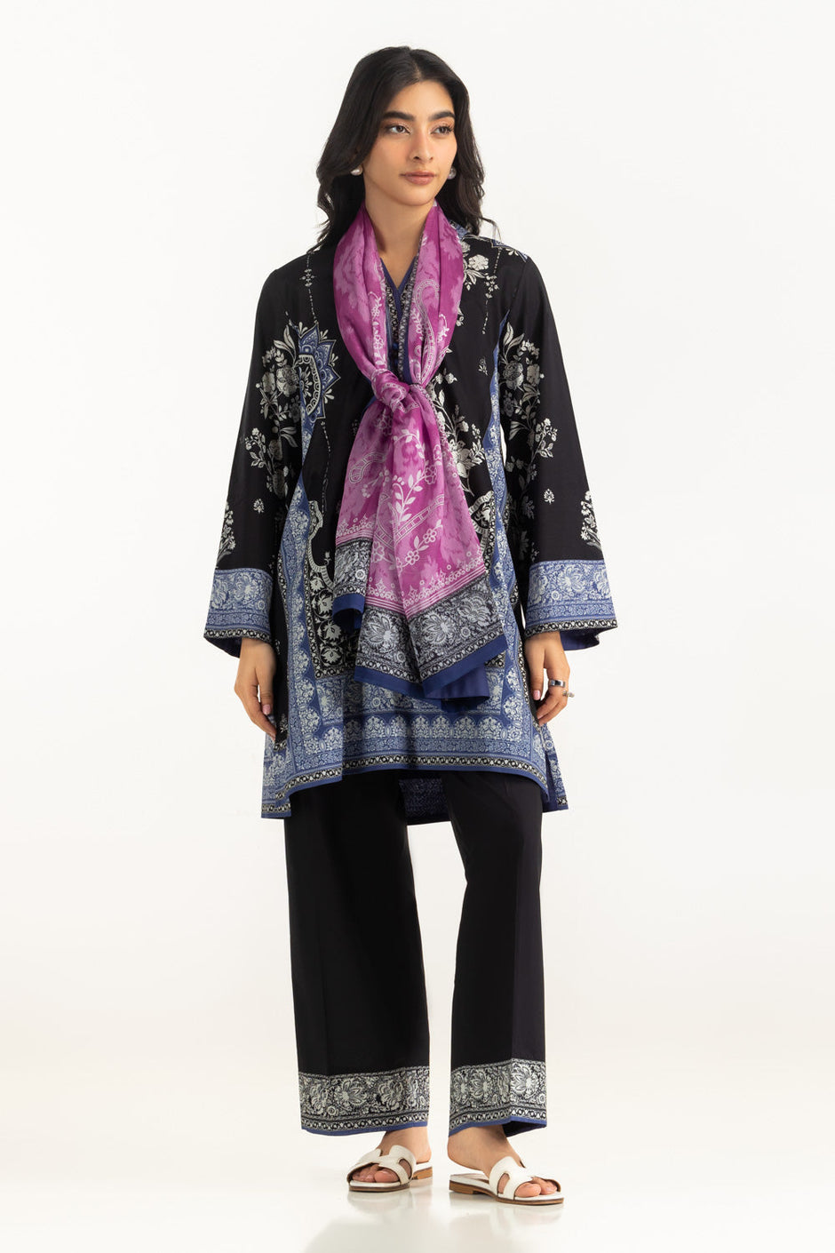 3Pc Cambric Printed Shirt And Trouser With Printed Scarf