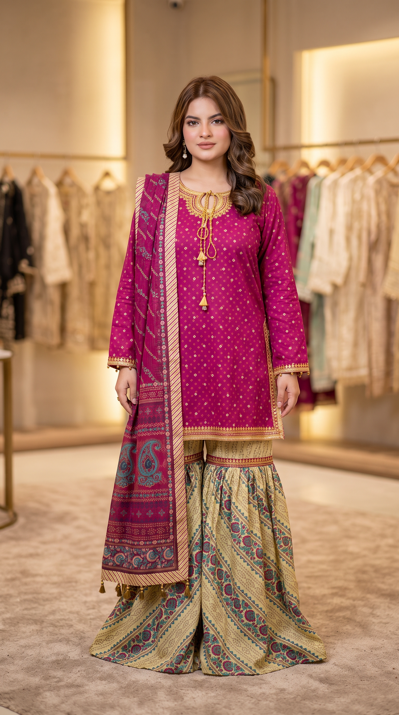 3Pc Embroidered Gold Printed Suit with Chiffon Dupatta