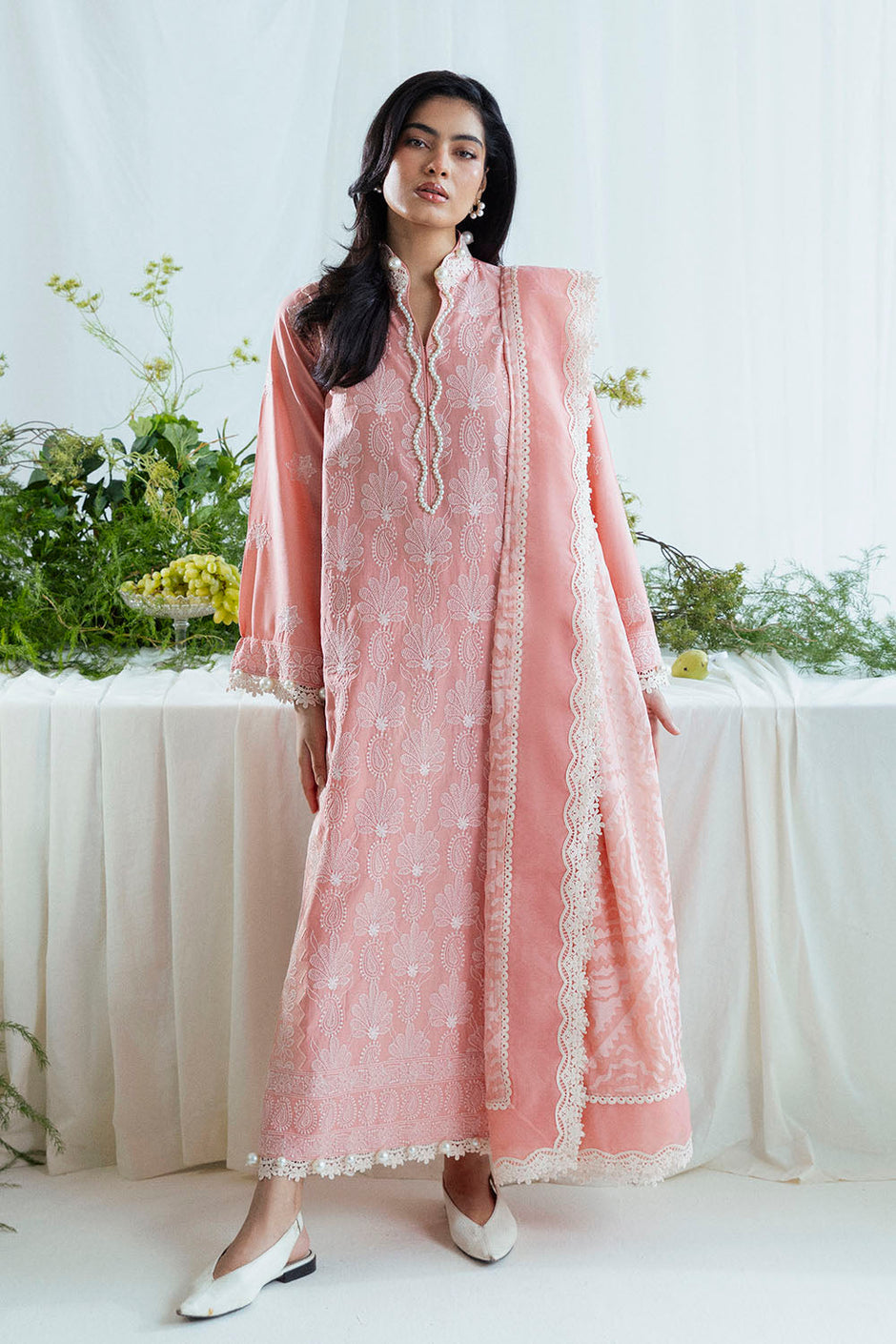 3 Piece Embroidered Lawn Suit with Borders and Silk Dupatta