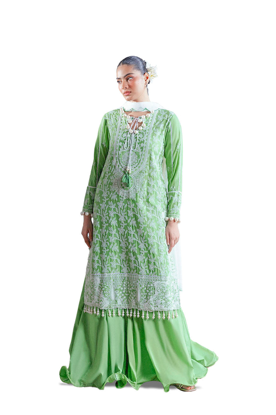 3 Piece Embroidered Lawn Suit with Neckline, Bunches and Silk Dupatta