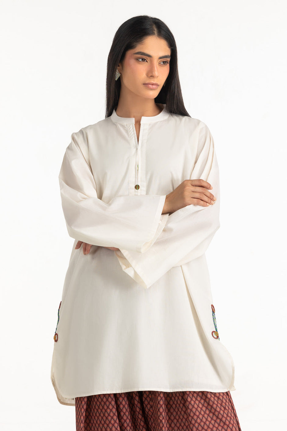 Cambric Dyed Shirt And Printed Shalwar With Embroidered