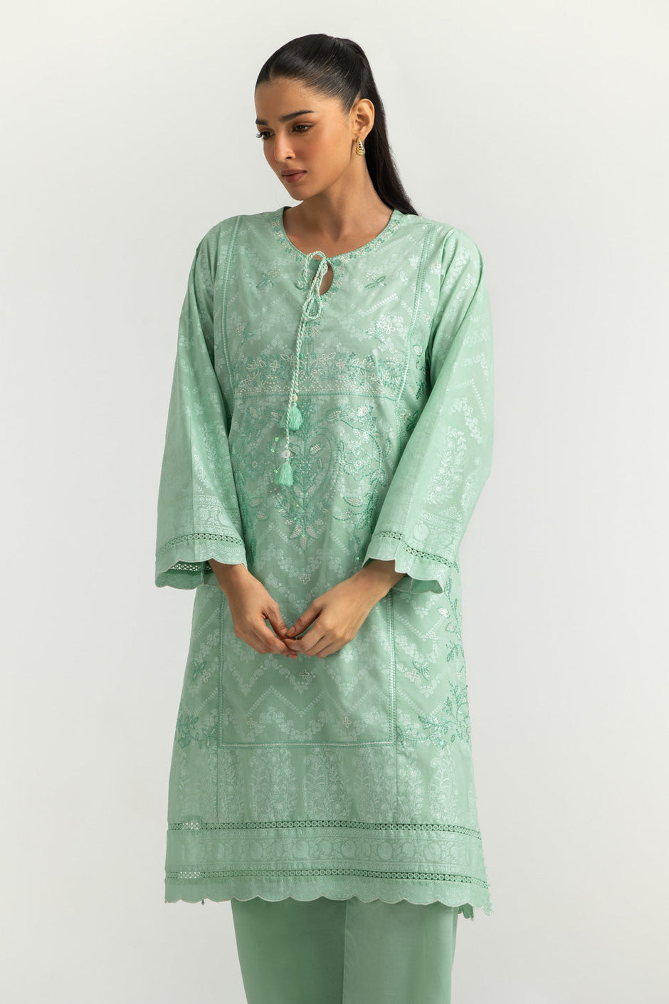Cambric Embroidered Co-Ord Set With Block Printed