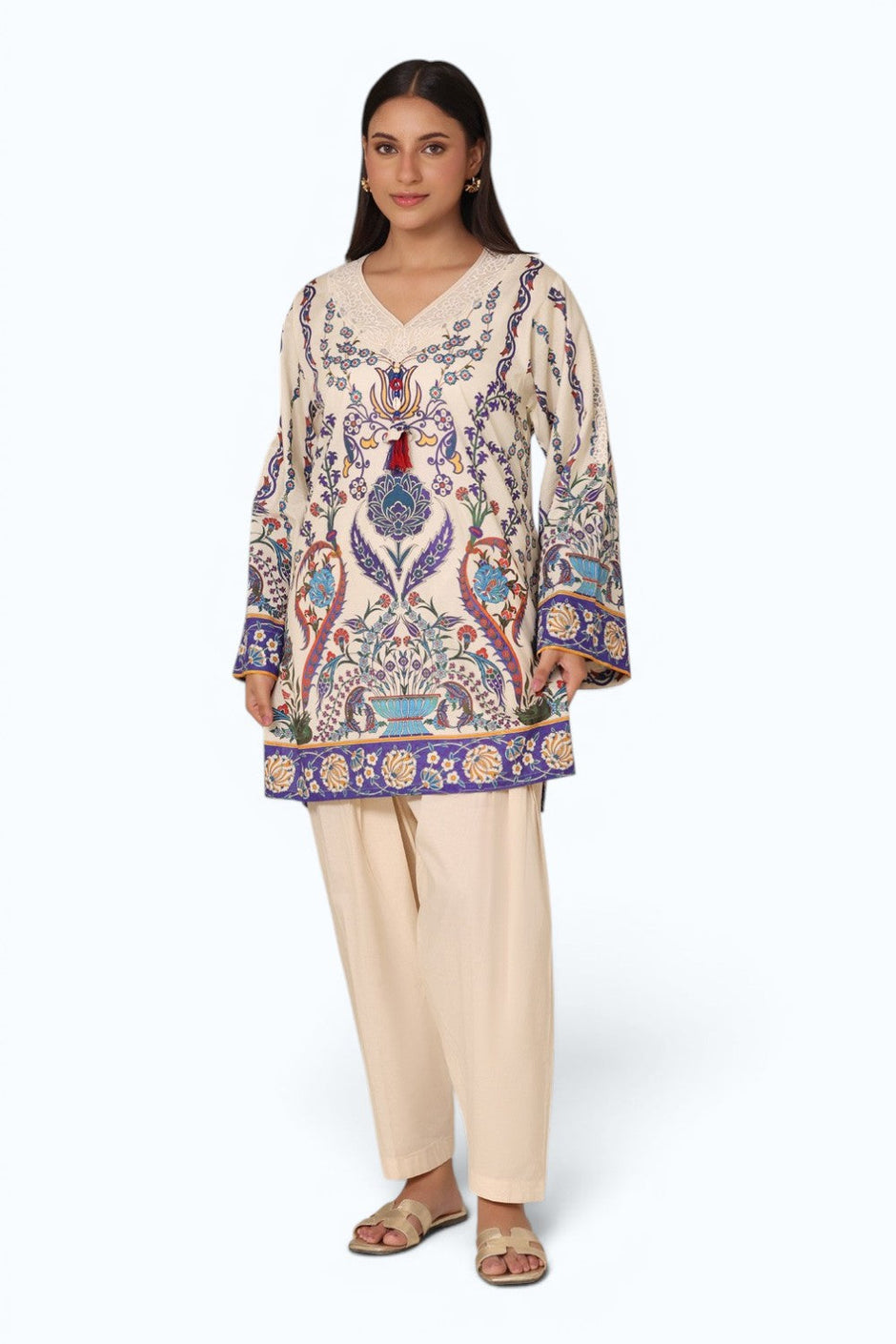 Cambric Printed Shirt And Trouser With Embroidered