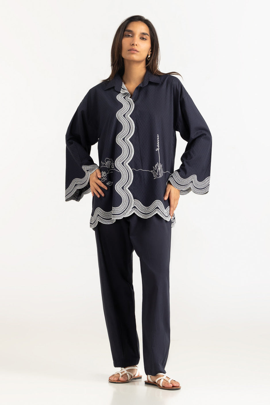 Dobby Embroidered Shirt And Dyed Trouser