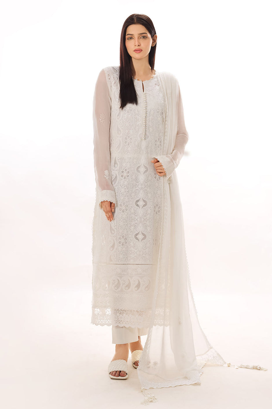3 Piece Embroidered Chiffon Suit with Cotton Applique
