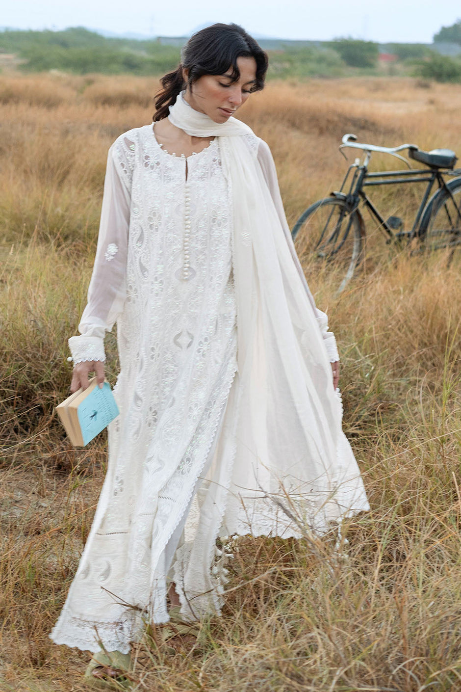 3 Piece Embroidered Chiffon Suit with Cotton Applique