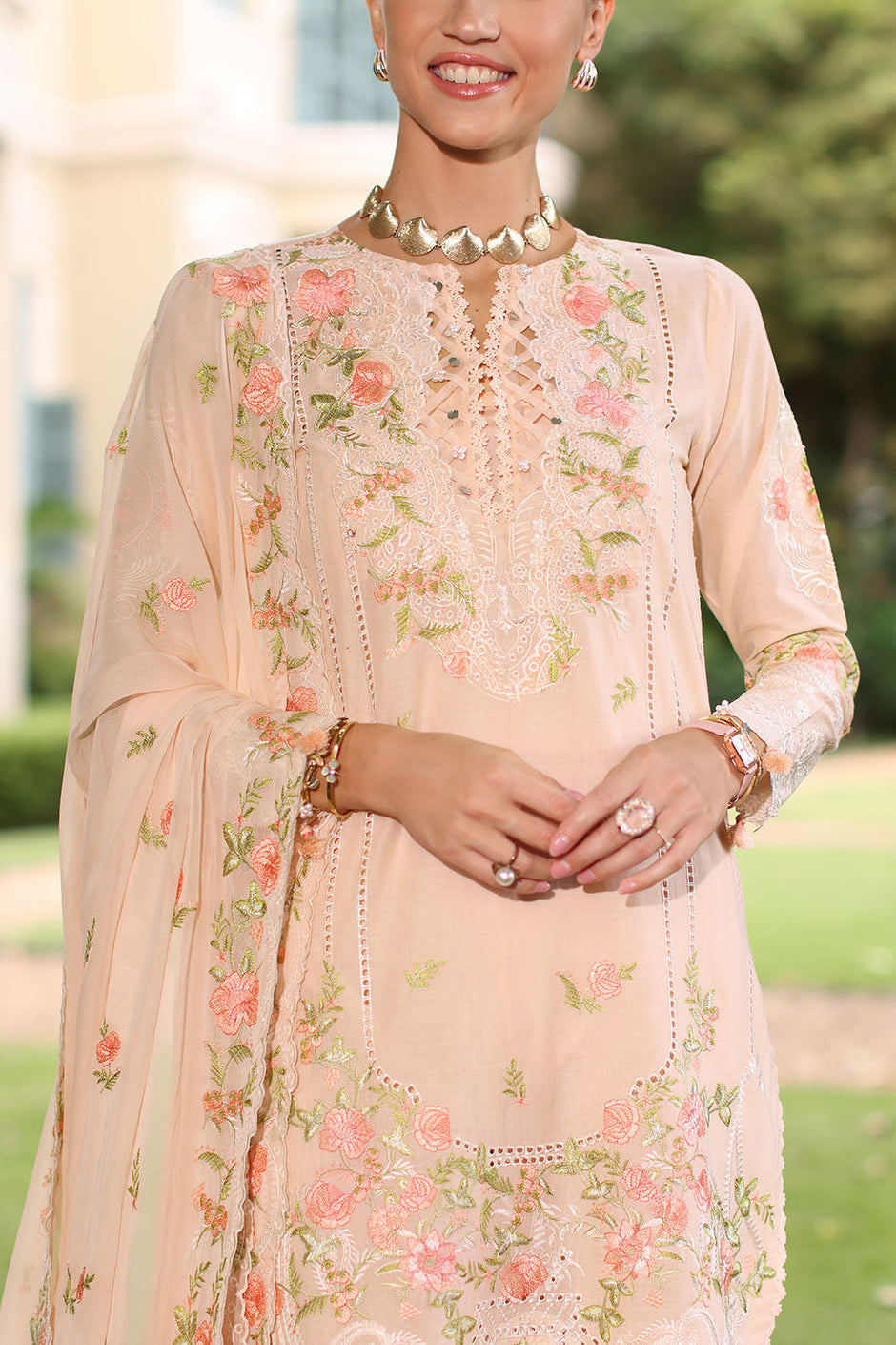 3 Piece Embroidered Lawn Suit with Chiffon Dupatta