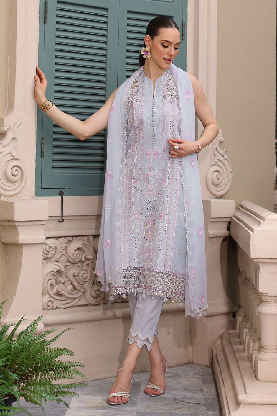 3 Piece Embroidered Lawn Suit with Chiffon Dupatta