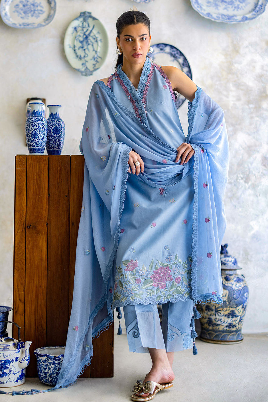 3 Piece Embroidered Lawn Suit with Chiffon Dupatta