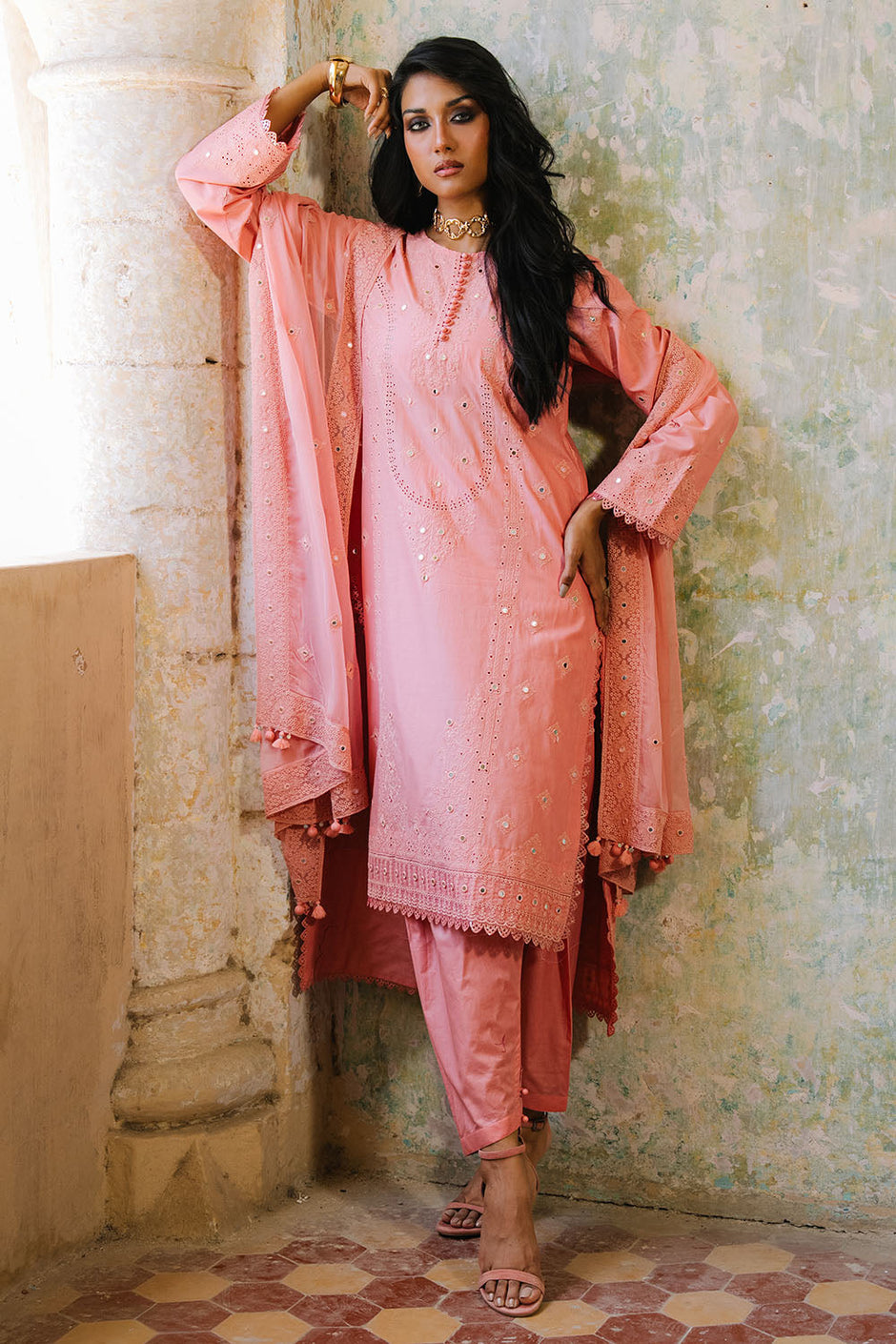 3 Piece Embroidered Lawn Suit with Borders and Embroidered Chiffon Dupatta