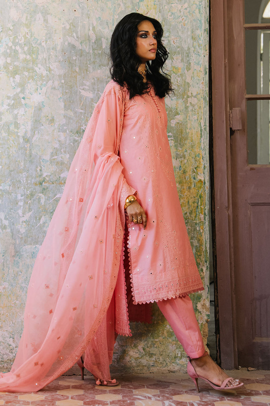 3 Piece Embroidered Lawn Suit with Borders and Embroidered Chiffon Dupatta