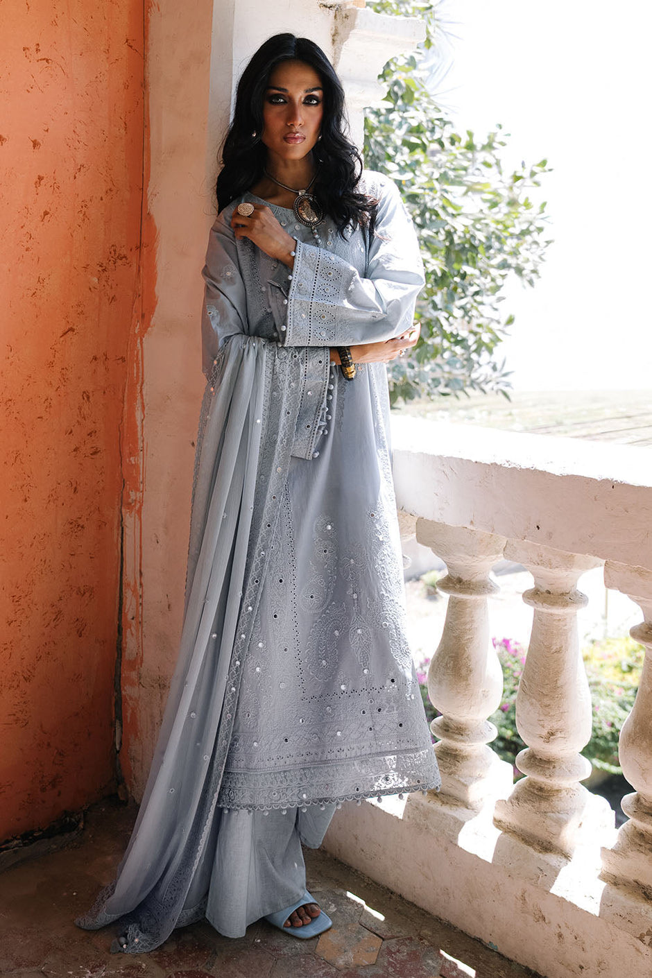 3 Piece Embroidered Lawn Suit with Borders and Embroidered Chiffon Dupatta